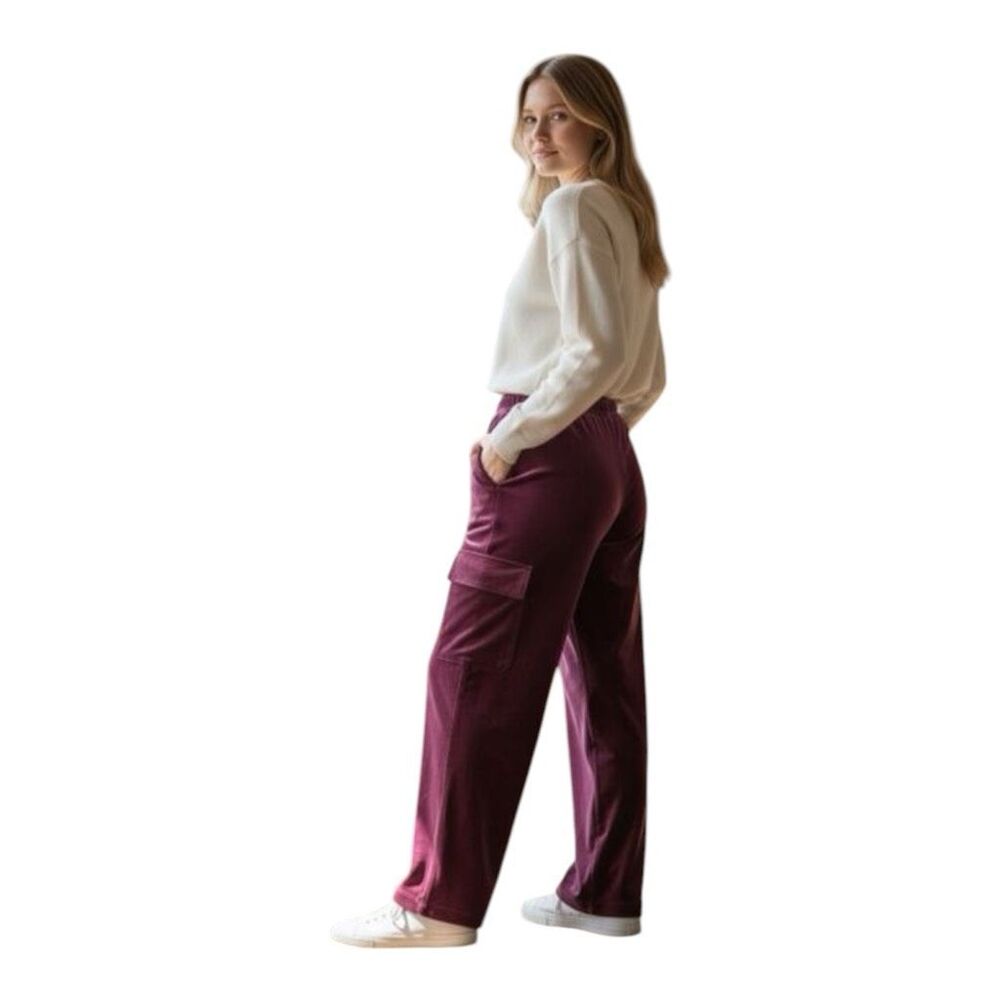 Women Purple Velvet Pants Size L Wide Leg Elastic Waist Lounge Pull-on
